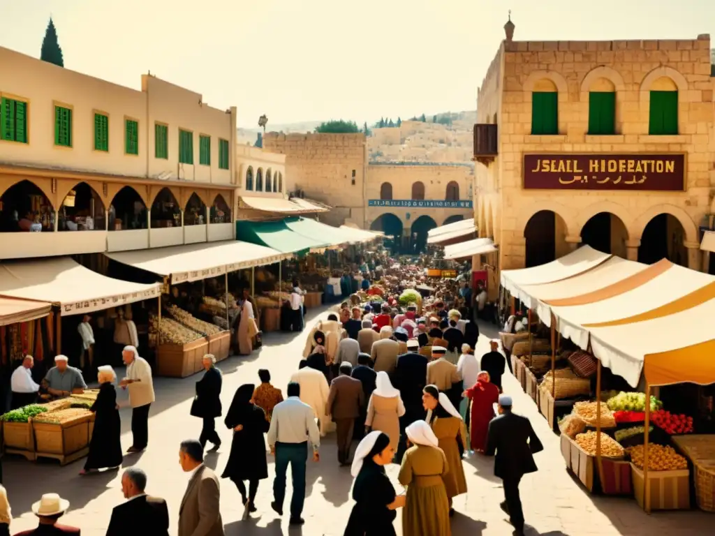 Un animado mercado en Israel, con gente hablando hebreo