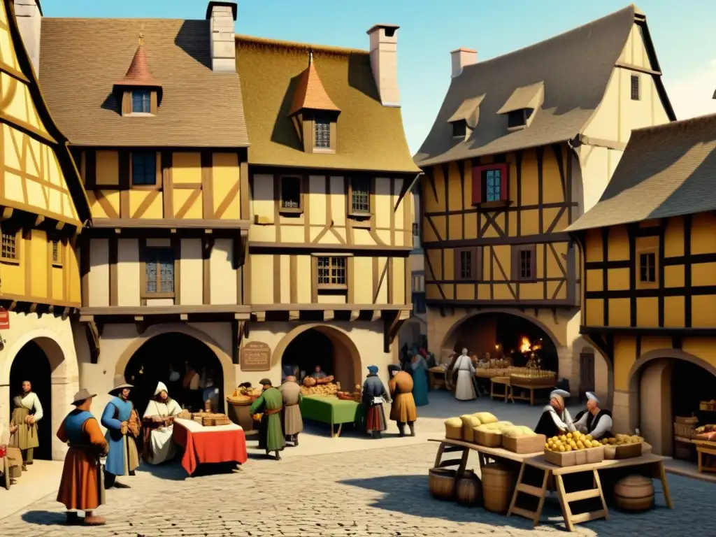 Animado mercado medieval francés con cambios fonéticos en el idioma y arquitectura mixta