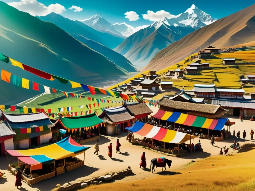 Animado mercado tibetano en los Himalayas, fusionando tradición y tecnología