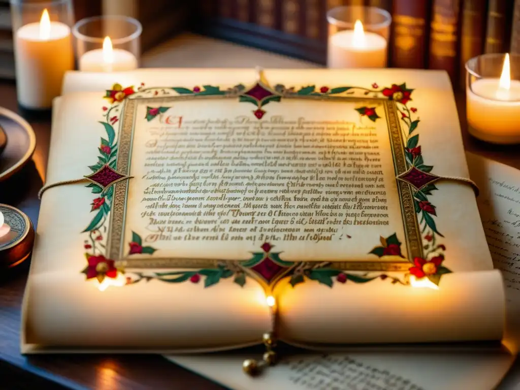 Antigua poesía anglosajona en pergamino iluminado por velas en biblioteca tenue, con caligrafía ornamental y dibujos florales