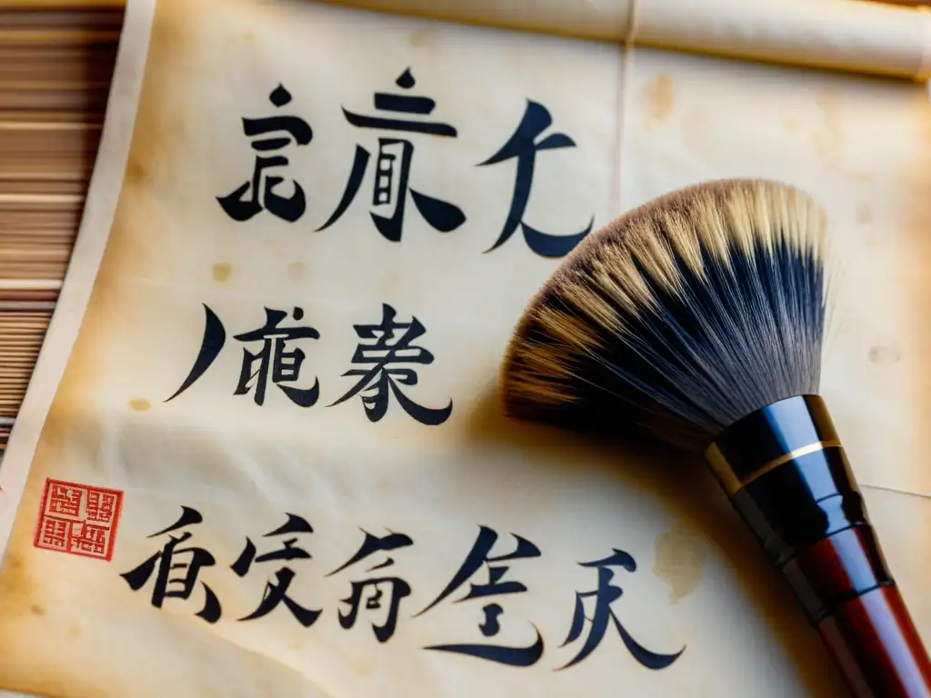 Antigua caligrafía china con la frase 'Evolución de la escritura china', sobre pergamino envejecido, muestra la rica historia cultural