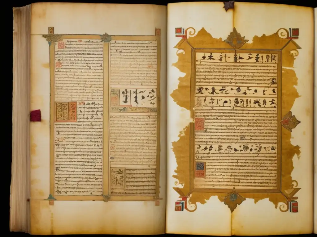 Manuscrito antiguo con caligrafía e ilustraciones Una antigua y bien conservada escritura con caligrafía e ilustraciones desgastadas, evocando sabiduría y cultura