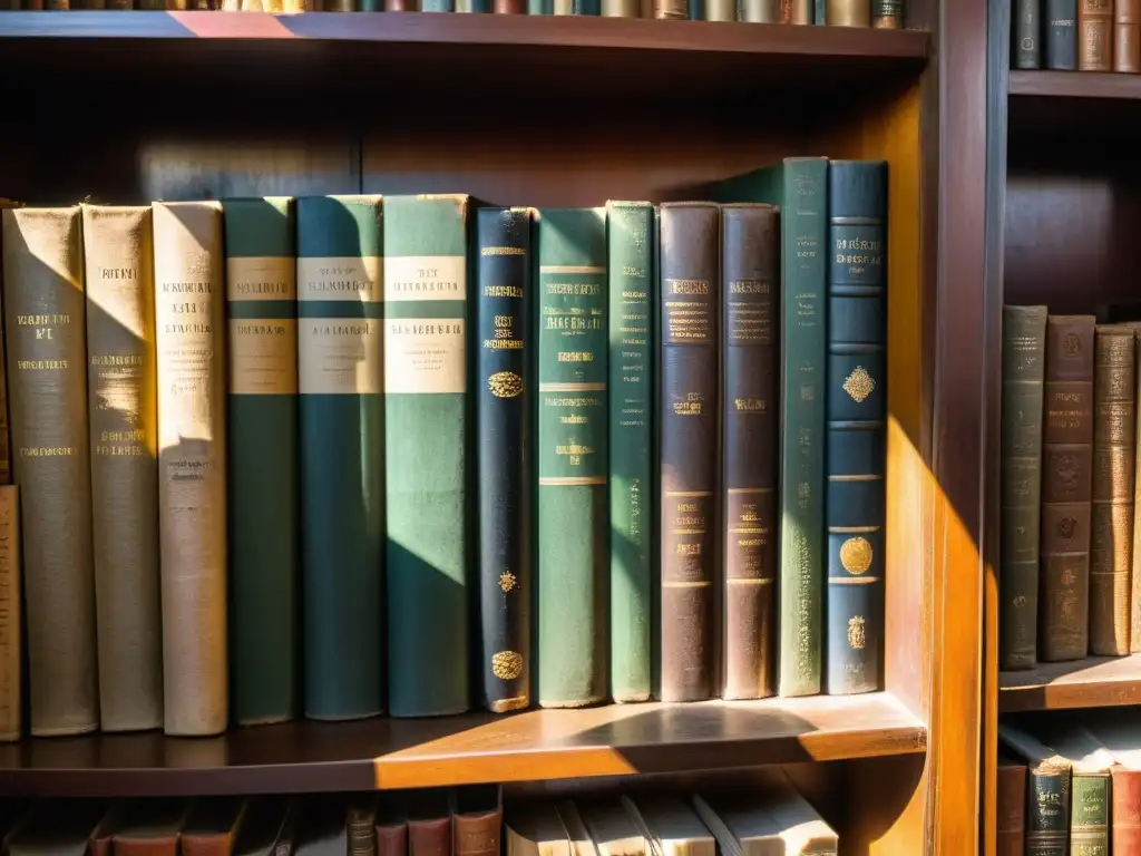 Antigua estantería con libros de cuero desgastados en habitación cálida