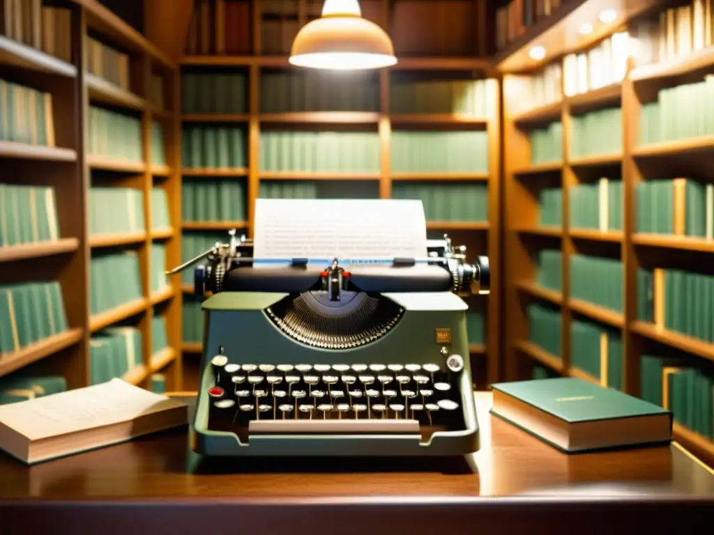 Una antigua máquina de escribir en un ambiente de biblioteca iluminada, con libros en dos idiomas