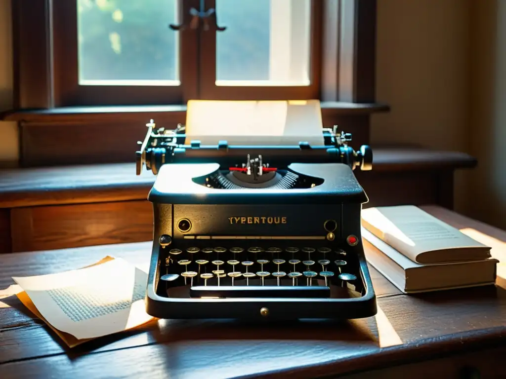 Una antigua máquina de escribir descansa sobre un escritorio de madera desgastado por el tiempo, bañada por la cálida luz de la mañana