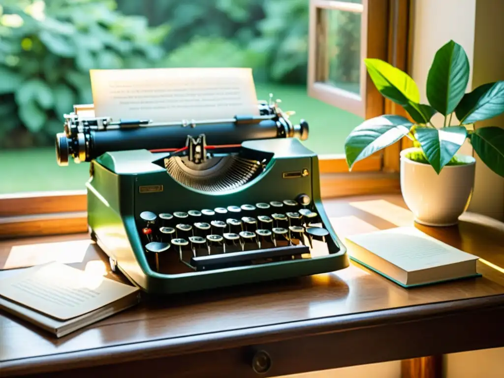 Una antigua máquina de escribir descansa sobre un escritorio de madera cerca de una ventana con vista a un exuberante jardín