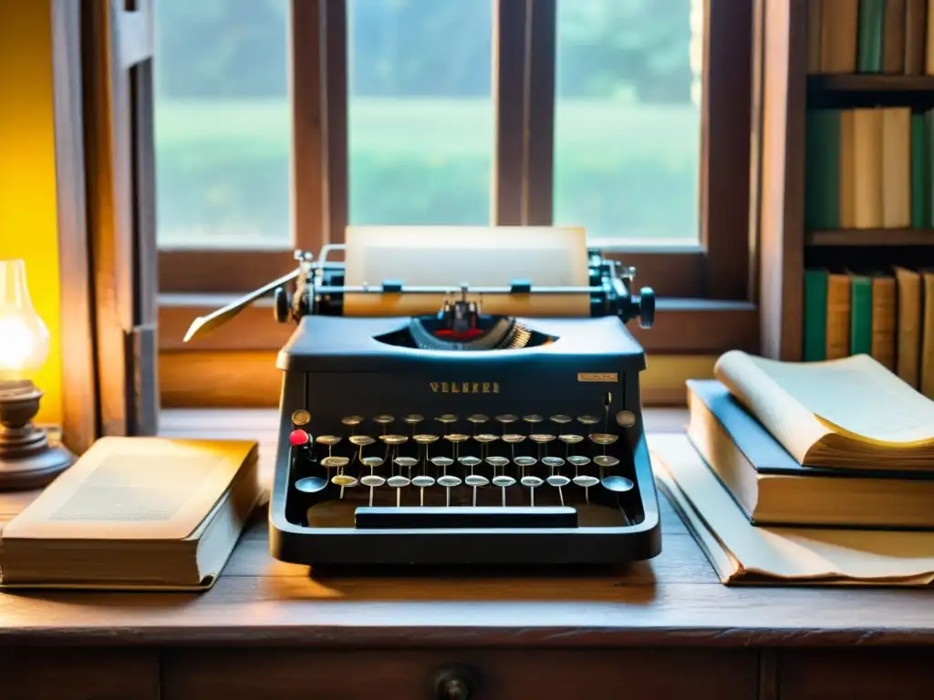 Una antigua máquina de escribir descansa en un escritorio de madera envejecida, rodeada de pilas de libros y papeles antiguos