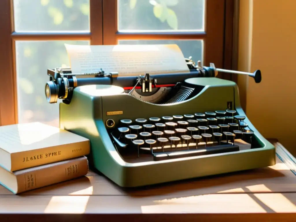 Una antigua máquina de escribir en un escritorio de madera, bañada por suave luz solar, junto a libros desgastados