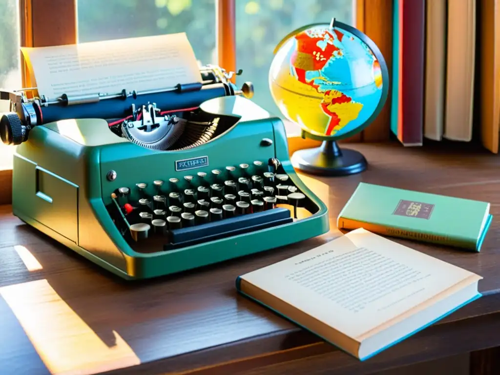 Una antigua máquina de escribir con libros coloridos apilados a su lado, sobre un desgastado escritorio de madera con un globo terráqueo al fondo