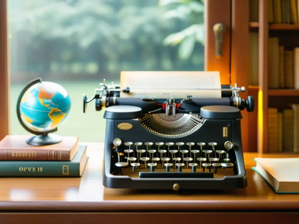 Una antigua máquina de escribir con múltiples idiomas en las teclas, sobre un escritorio de madera con libros antiguos y un globo terráqueo al fondo