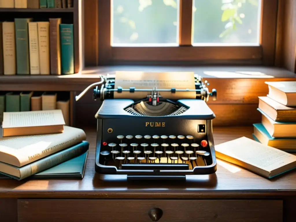 Una antigua máquina de escribir rodeada de libros viejos y diccionarios vintage en un escritorio de madera