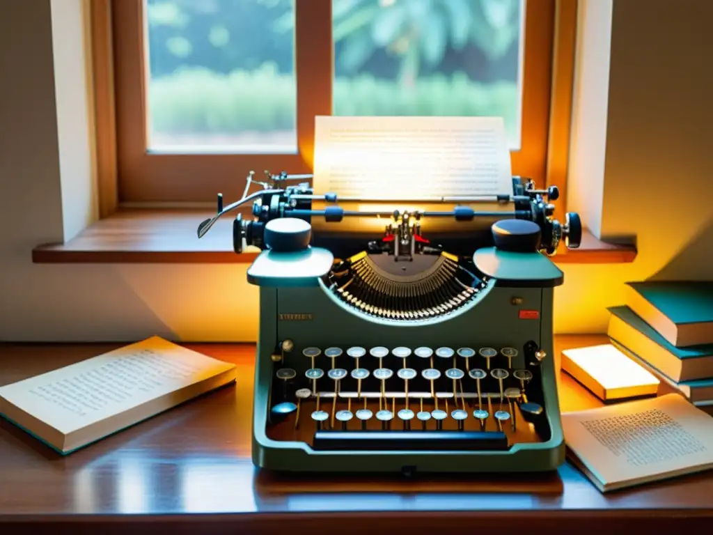 Una antigua máquina de escribir rodeada de libros y manuales antiguos, bañada por la luz del sol