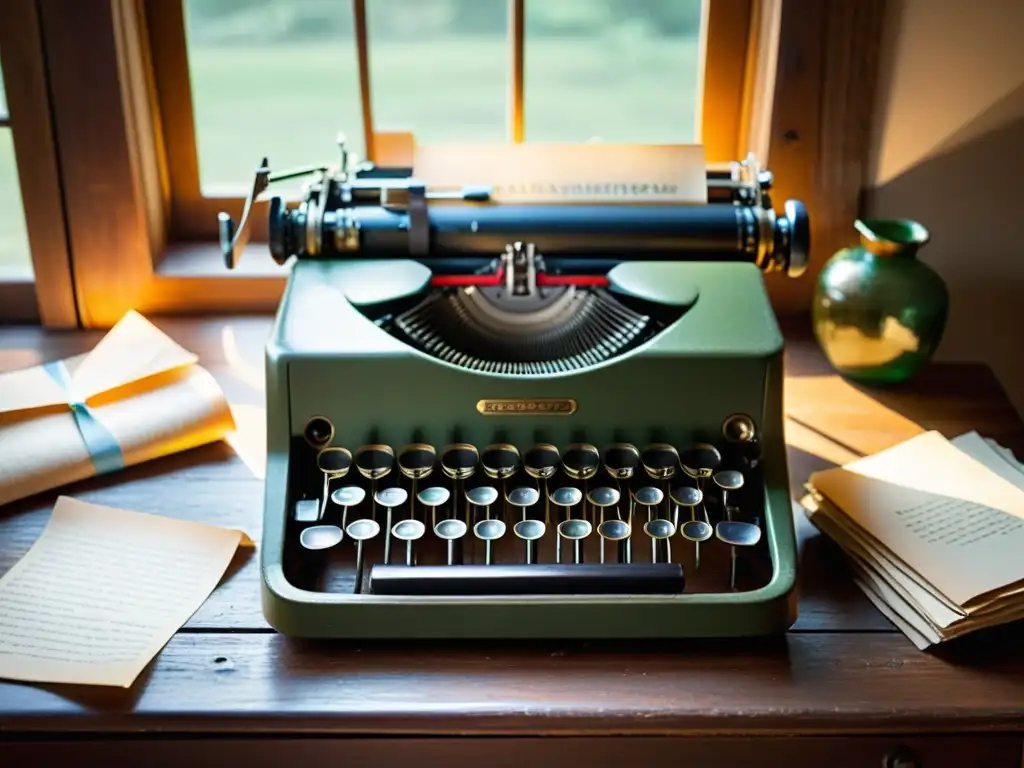 Una antigua máquina de escribir con teclas vintage y una cinta descolorida, reposa en un escritorio de madera desgastada