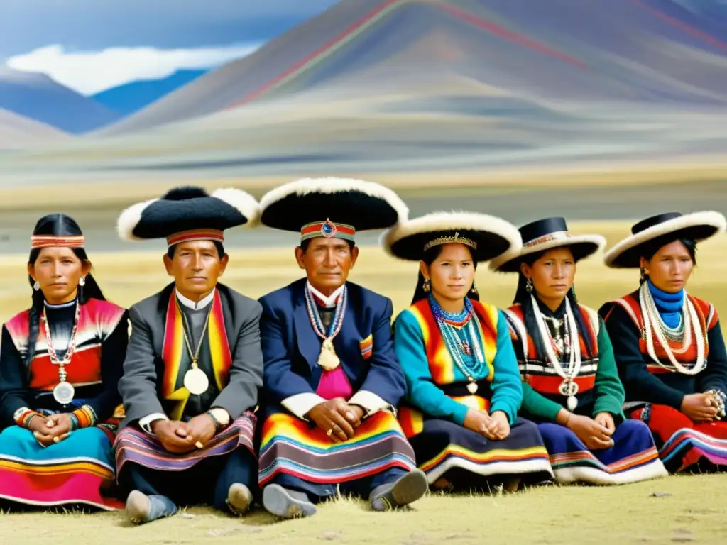 Una fotografía antigua muestra a personas Aymara en una ceremonia tradicional, luciendo textiles y joyería colorida