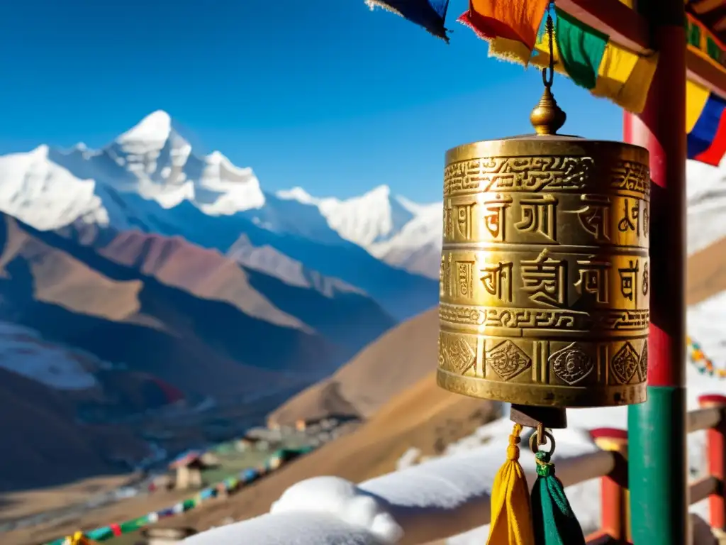 Antigua rueda de oración tibetana con banderas de oración, monjes tibetanos y paisaje montañoso al atardecer