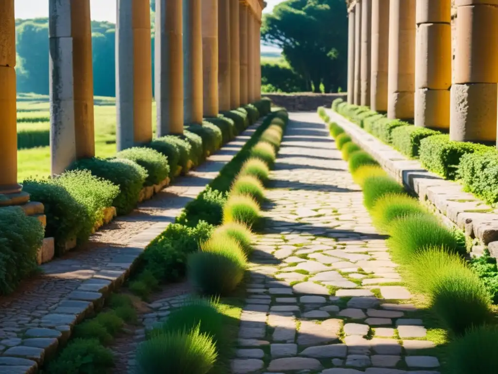 Antigua ruta romana rodeada de naturaleza exuberante, con columnas antiguas