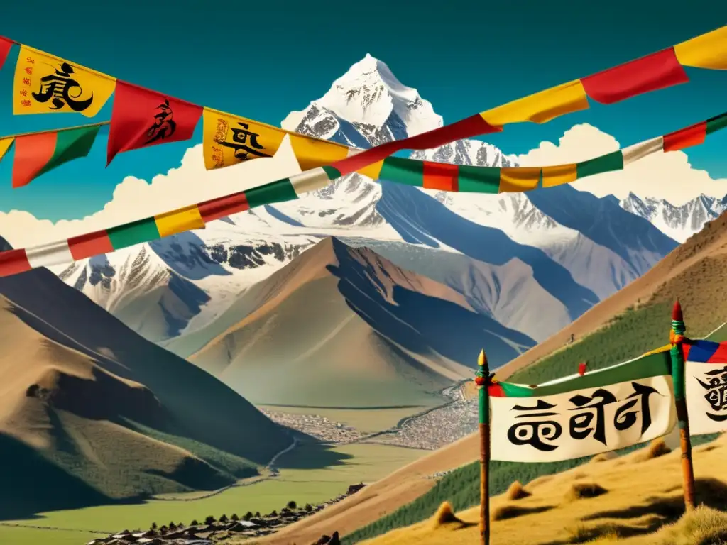 Antigua ilustración de un script tibetano con modificadores en lenguas sinotibetanas, sobre un paisaje de montañas serenas con banderas de oración