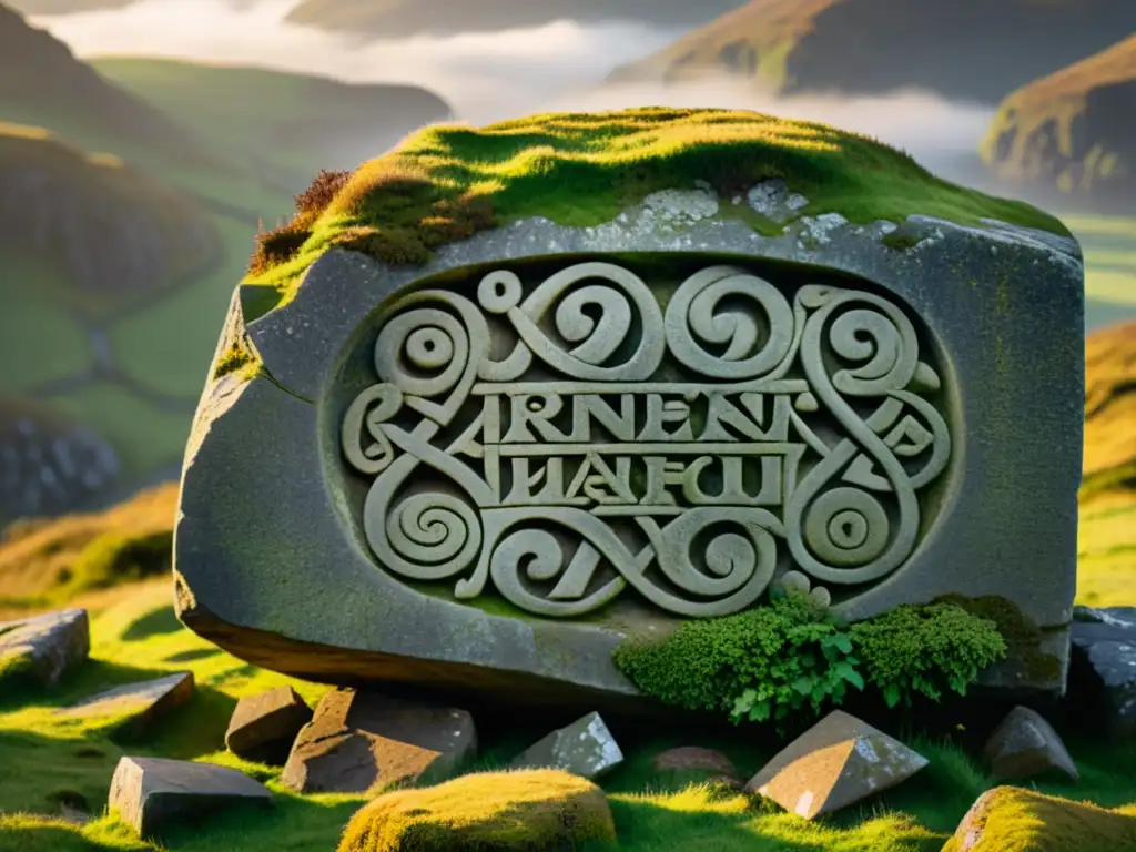 Antigua talla celta de piedra con símbolos fonéticos y texto en gaélico, iluminada por luz dorada entre colinas brumosas