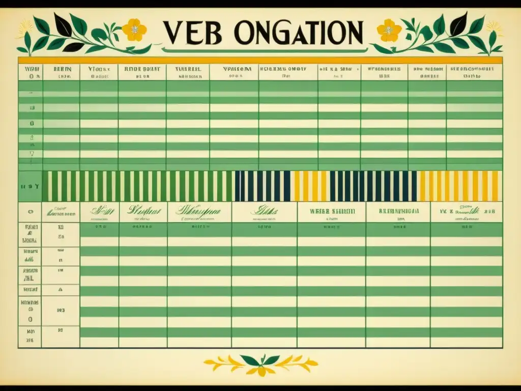 Un antiguo cuadro de conjugación de verbos bretones con caligrafía detallada y motivos tradicionales, evocando una atmósfera académica y vintage