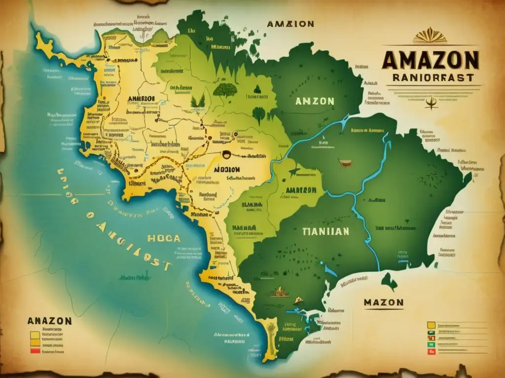 Un antiguo y detallado mapa de la selva amazónica, con patrones de negación en lenguas amazónicas y toques de historia y tradición