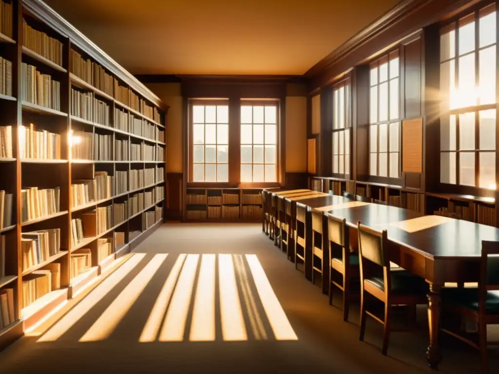 Un antiguo escenario de biblioteca con libros antiguos y pergaminos, bañado por la cálida luz del sol