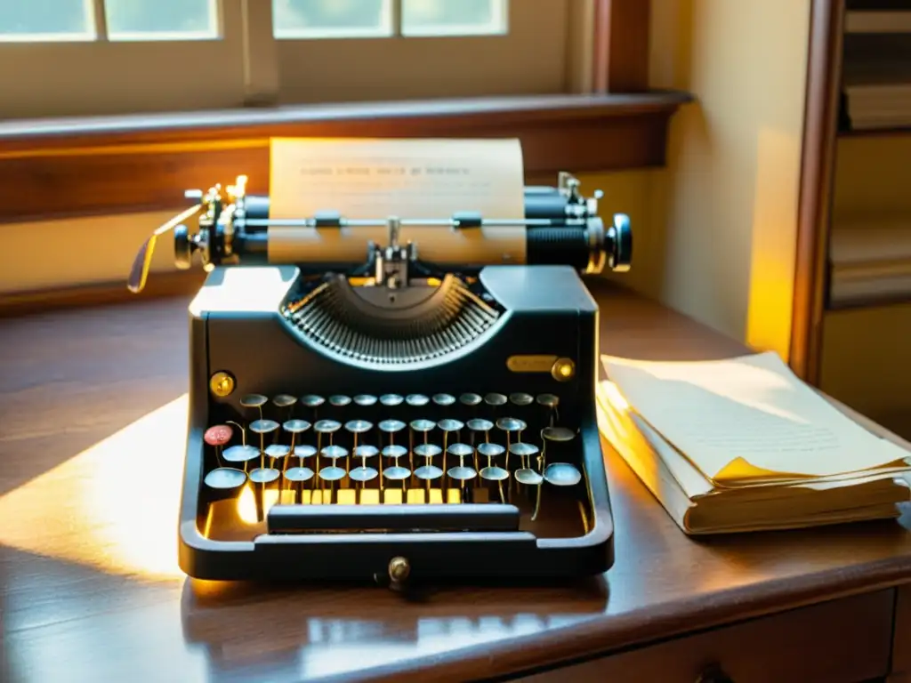 Un antiguo escritorio con una máquina de escribir vintage iluminada por luz dorada