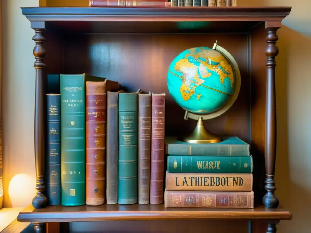 Un antiguo estante de madera lleno de libros de cuero y diccionarios antiguos, con un globo terráqueo vintage en la parte superior