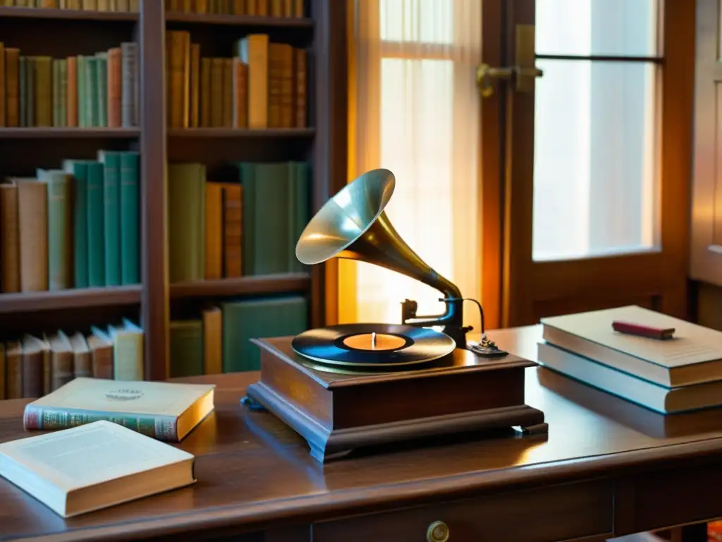 Un antiguo fonógrafo con un cuerno de latón sobre una mesa de madera, rodeado de libros desgastados sobre el estudio de la fonética indoaria