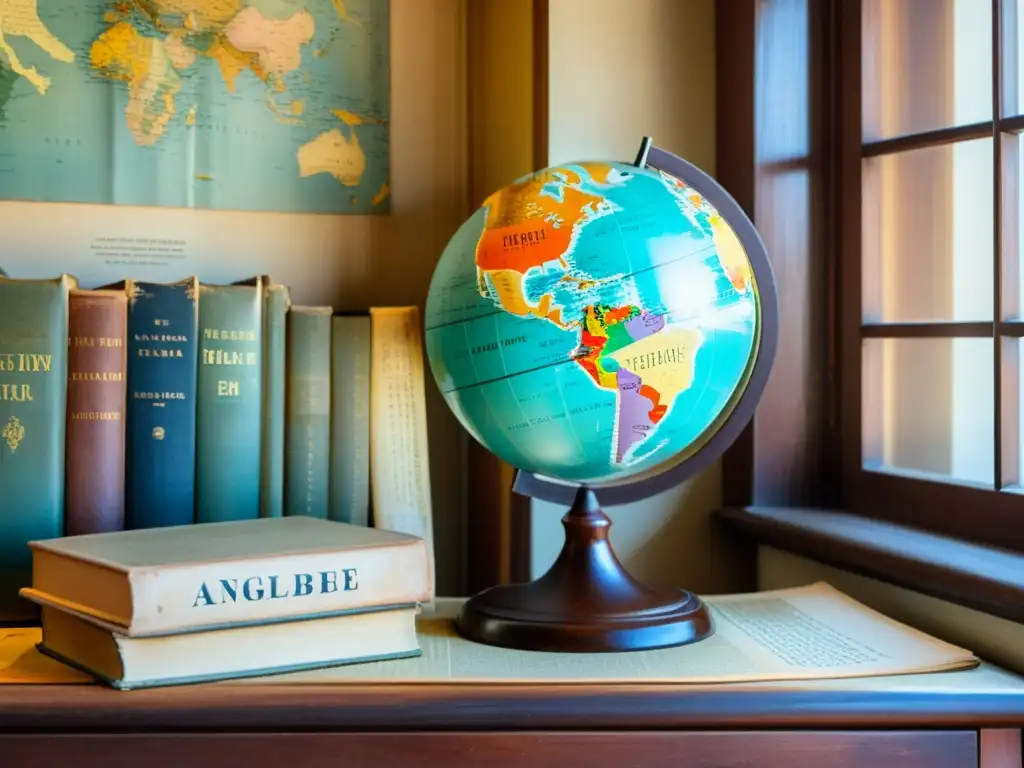 Un antiguo globo terráqueo con colores desgastados, en una mesa de madera junto a libros antiguos