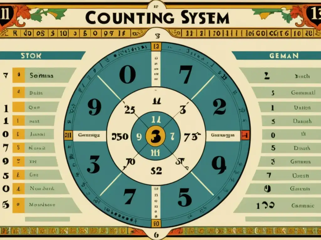Un antiguo gráfico de sistemas numéricos en lenguas germánicas, con símbolos y palabras en alemán, neerlandés y danés