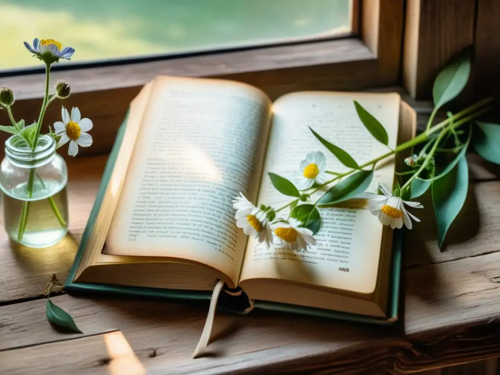 Un antiguo libro abierto en una mesa de madera, iluminado por luz natural, rodeado de flores silvestres