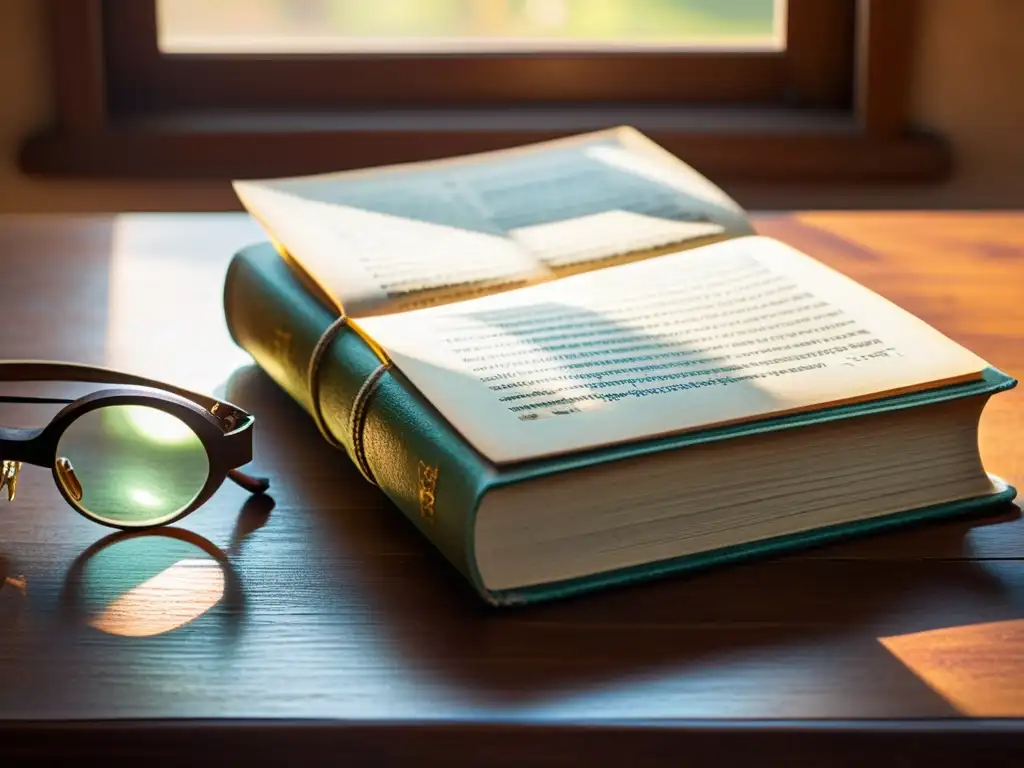 Antiguo libro sánscrito en escritorio de madera con gafas antiguas, iluminado por cálida luz solar