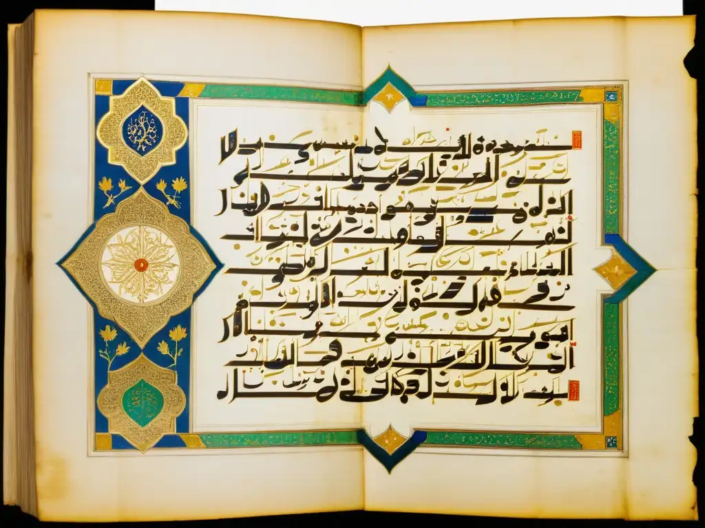 Antiguo manuscrito árabe andalusí con caligrafía e ilustraciones detalladas, mostrando la influencia árabe andalusí en español