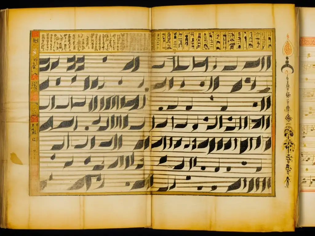 Un antiguo manuscrito desgastado con caligrafía intricada y ilustraciones desvanecidas que capturan la riqueza vocal de las lenguas nilosaharianas