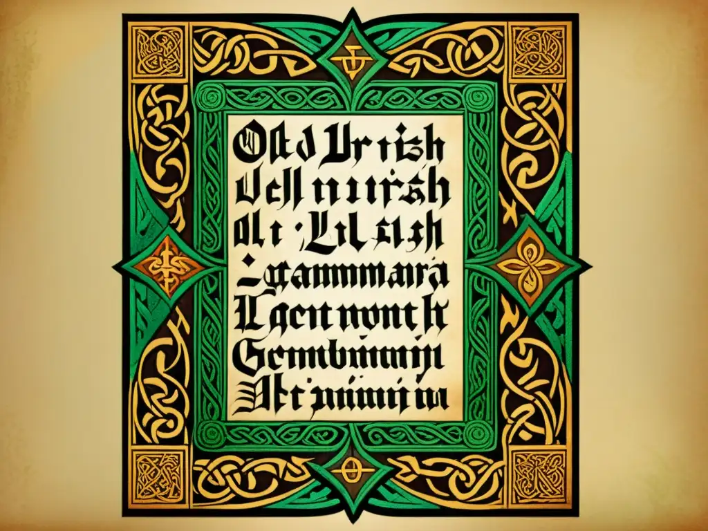 Un antiguo manuscrito irlandés muestra el sistema de casos en irlandés antiguo con intrincada caligrafía y colores vibrantes