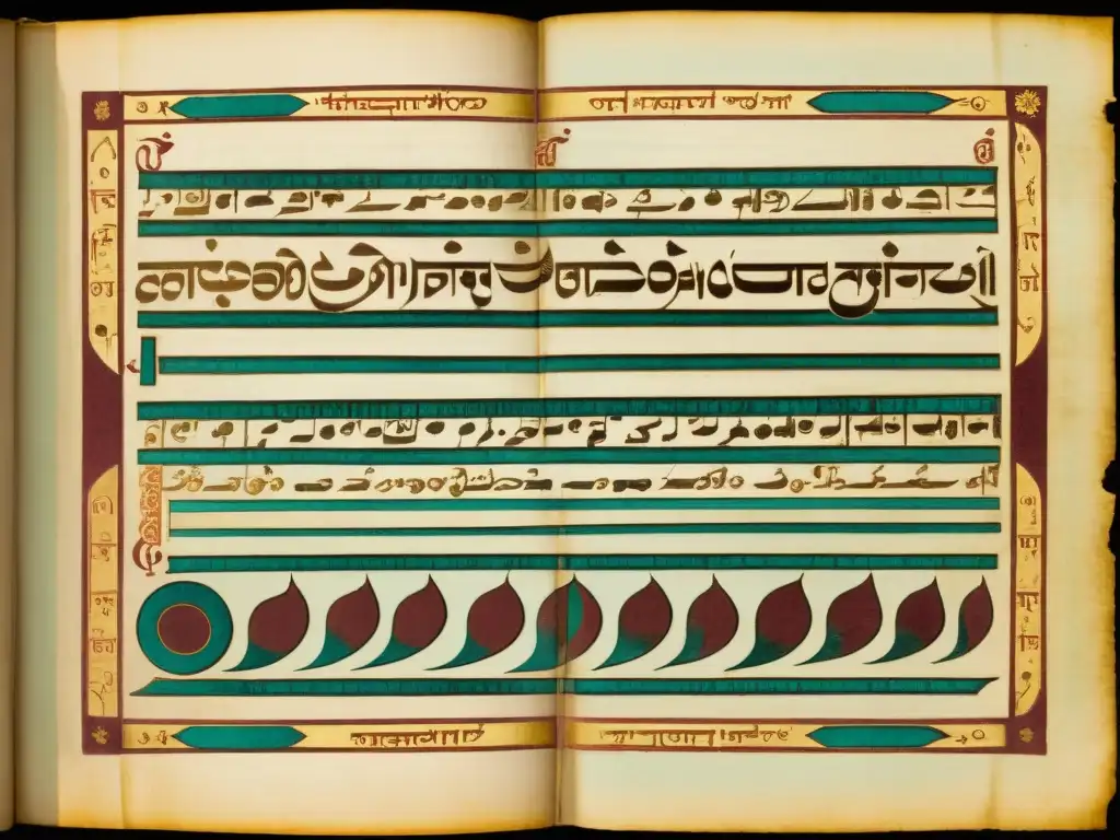 Un antiguo manuscrito sánscrito con caligrafía intrincada y ornamentos, mostrando formación de palabras y patrones fonéticos