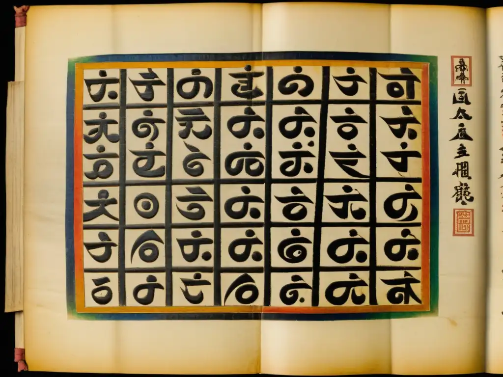 Un antiguo manuscrito tibetano con caligrafía y dibujos coloridos, transmitiendo el impacto del sistema de escritura en la rica cultura tibetana