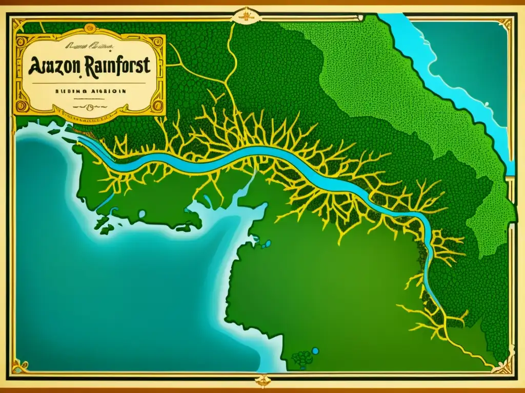 Antiguo mapa del Amazonas con la región Ticuna destacada en colores vibrantes y detalles intrincados, evocando la nasalización en el idioma Ticuna