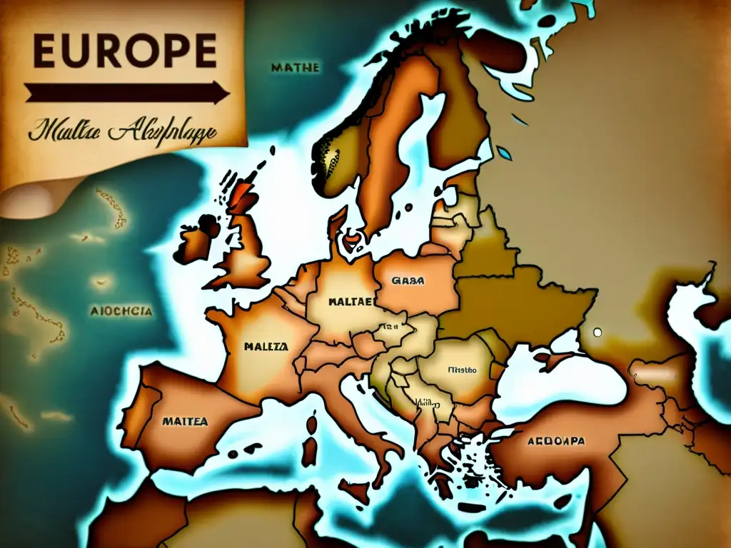 Un antiguo mapa de Europa destaca el archipiélago maltés, mostrando la dispersión lingüística y cultural del maltés en el continente