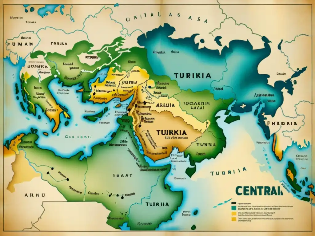 Un antiguo mapa de Asia Central con lenguas túrquicas, detalla topográfico y ríos en pergamino envejecido, evocando historia y tradición