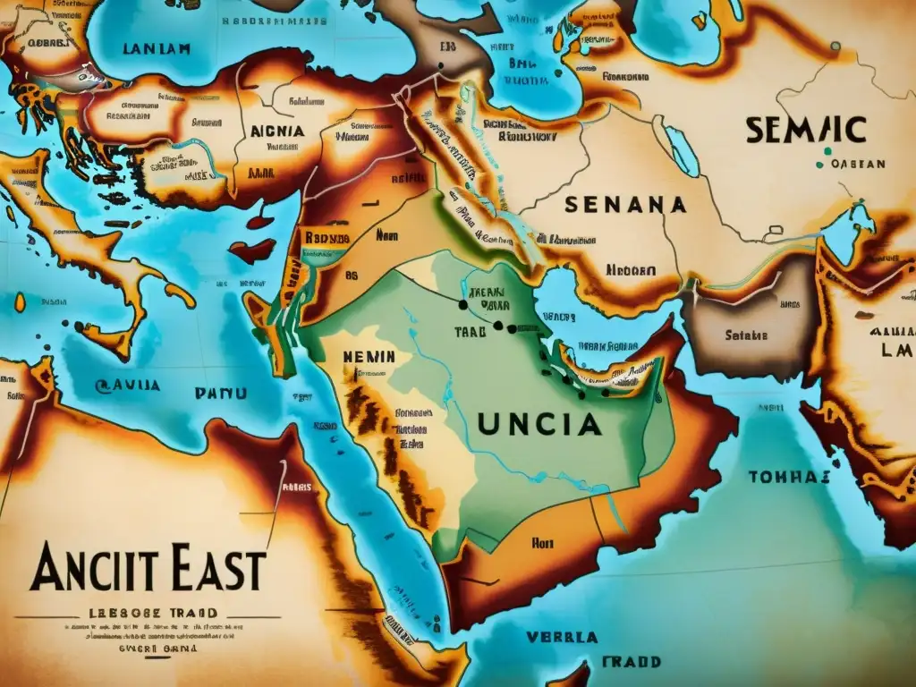 Un antiguo mapa del Cercano Oriente, mostrando detalles de las regiones donde se hablaban lenguas semíticas en el contexto bíblico