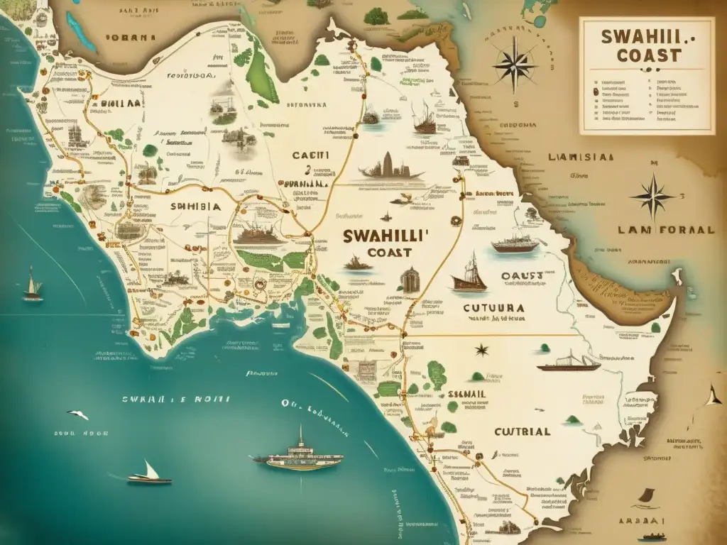 Un antiguo mapa de la Costa Swahili, con rutas comerciales, ciudades y puntos de interés cultural