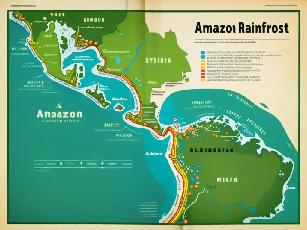 Un antiguo mapa detallado del Amazonas con ilustraciones de comunidades indígenas y sus lenguajes