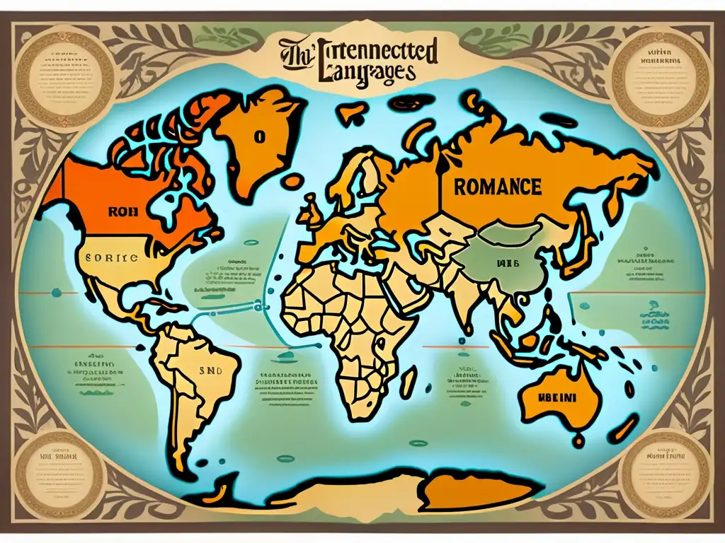 Un antiguo mapa detallado muestra el árbol genealógico de lenguas romances en caligrafía intricada, con raíces entrelazadas y tonos terrosos