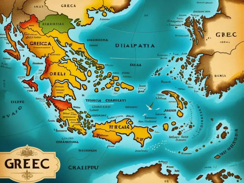 Un antiguo mapa de Grecia detallado con caligrafía, evocando historia y encanto tradicional