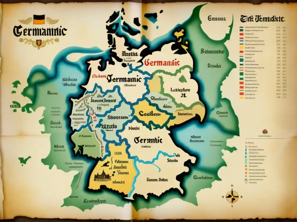 Un antiguo mapa detallado de los dialectos del idioma germánico, con isoglosas que muestran su evolución