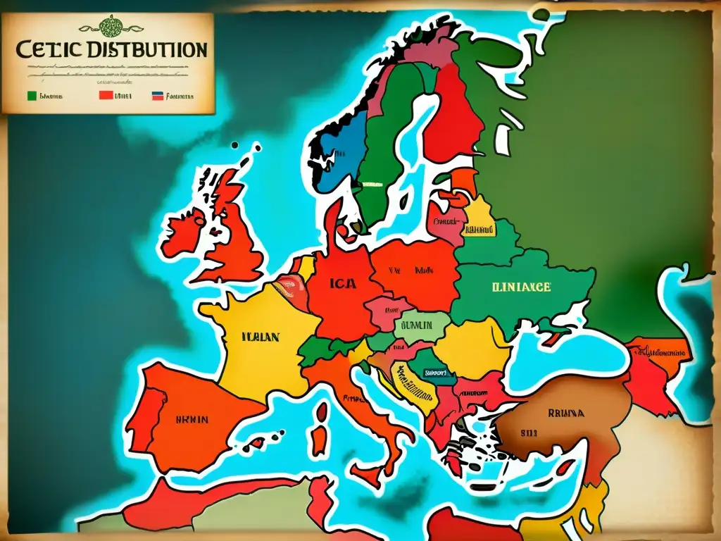 Un antiguo mapa detallado de la distribución de lenguas celtas en Europa, con caligrafía intrincada y colores vibrantes