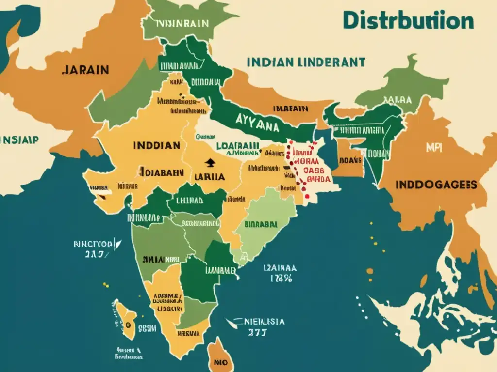 Un antiguo mapa detallado muestra la distribución de las vulnerables lenguas indoarias en la India, con colores desvanecidos que evocan historia y riqueza cultural