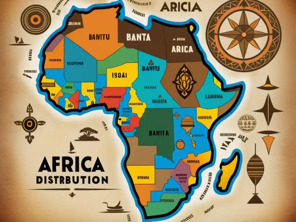 Un antiguo mapa detallado de África muestra la distribución de lenguas bantúes en elegante caligrafía y colores