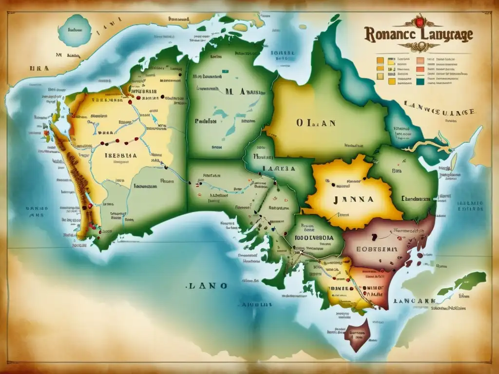 Un antiguo mapa detallado del entorno geográfico y fonética romances, con topografía detallada y diseños de fronteras intrincados